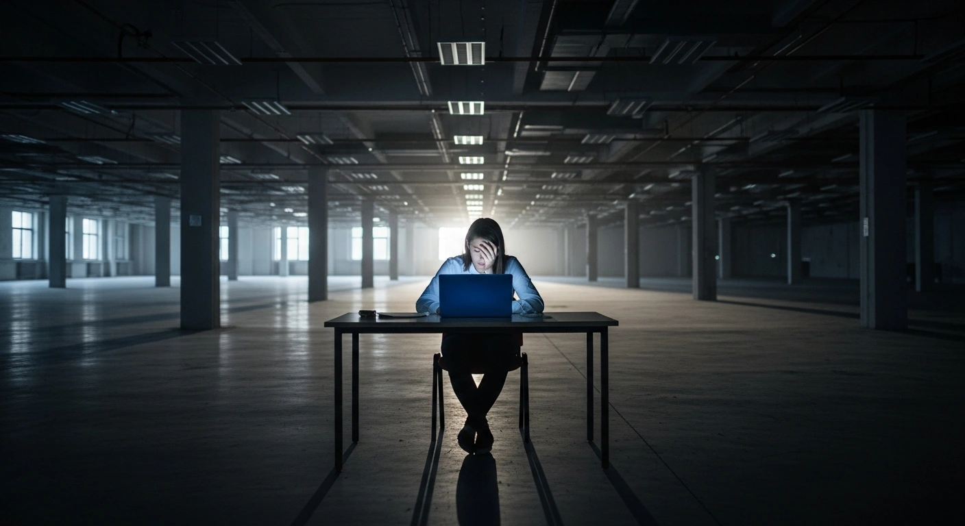 A lone Canadian job seeker sits at a desk in a vast, empty, dimly lit office, illuminated only by a laptop screen, symbolizing the frustration and mental health impact of applying for 'ghost jobs' and the erosion of trust in the hiring process.