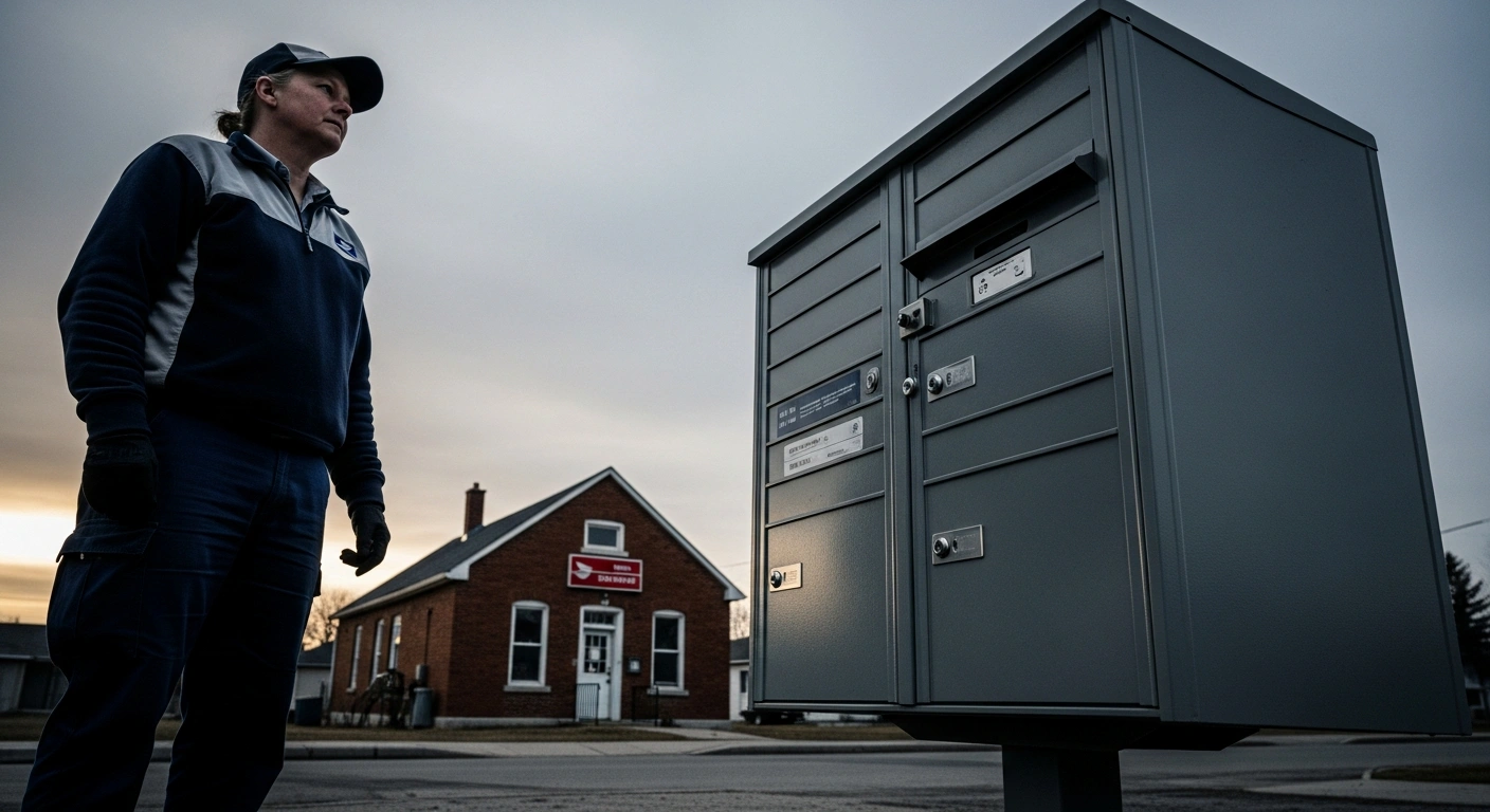 A lone Canadian postal worker in uniform stands in front of a new community mailbox, with an old, dark post office building visible in the background, symbolizing the changes to Canada Post, including phasing out home delivery and potential job losses for postal workers.
