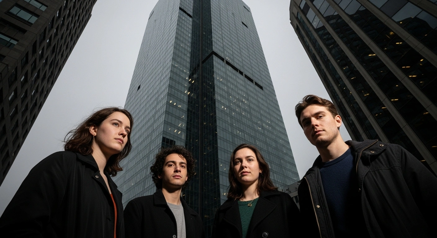 Four determined young individuals stand before a towering, modern financial institution, representing their landmark lawsuit against CPP Investments for failing to manage climate-related financial risks and continuing fossil fuel investments.