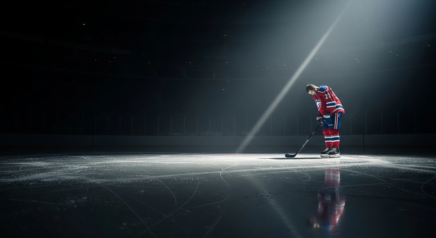A dejected Montreal Canadiens hockey player stands alone on the ice in a dark arena after being eliminated from the NHL playoffs.