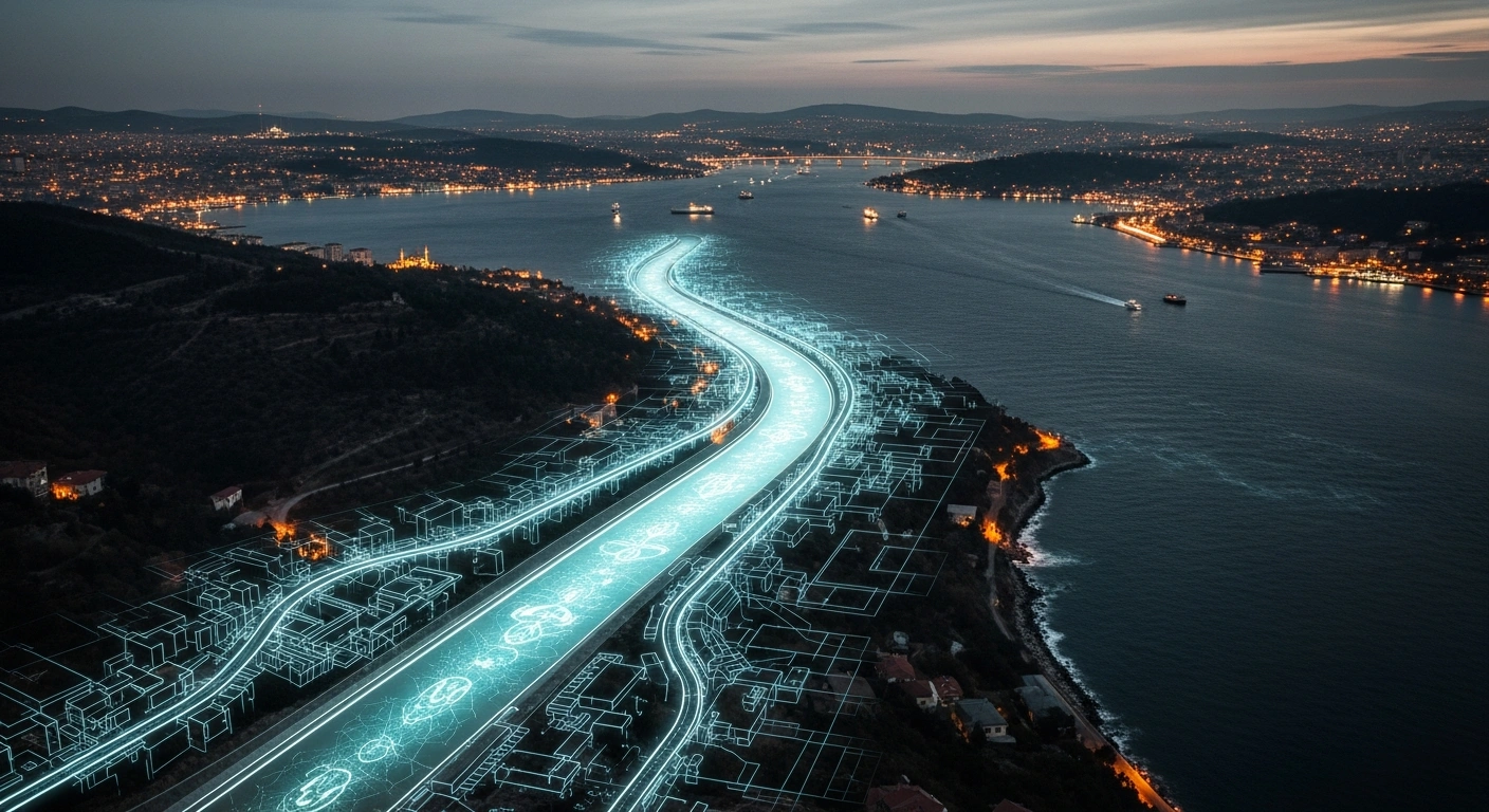 An aerial view of the Bosphorus strait at twilight with a digital overlay representing the proposed Canal Istanbul infrastructure project.