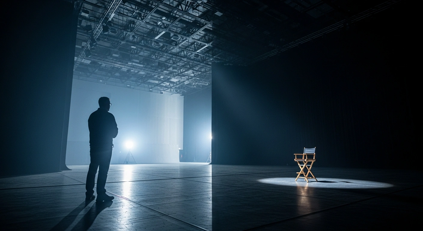 A solitary film director stands in a dark, empty soundstage representing the professional exclusion of cinema artists by Canal+.