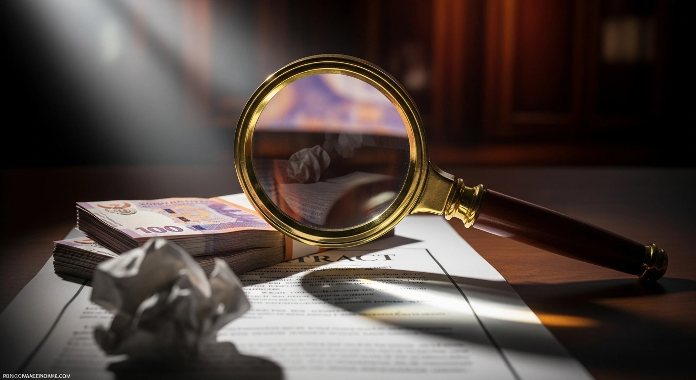 A large, ornate magnifying glass casts a distorted shadow over a stack of South African rand banknotes and a crumpled contract document, symbolizing the South African Competition Commission's investigation into Canal Plus's alleged demands for a 20% discount from MultiChoice suppliers and suspended payments following its takeover.