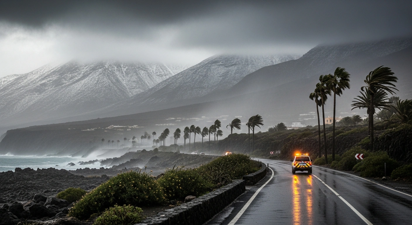 A stormy landscape in the Canary Islands shows heavy rain and snow-capped peaks during the impact of Storm Therese.