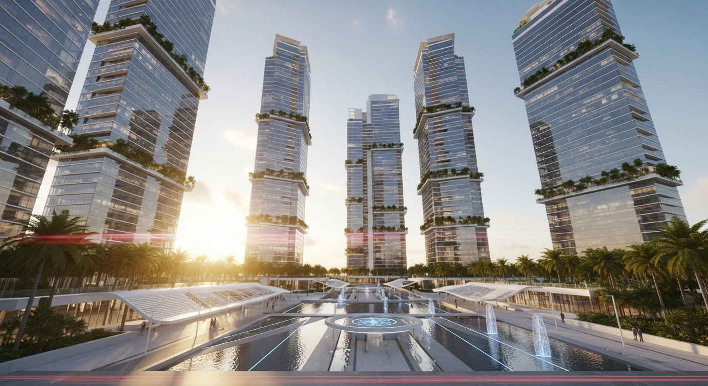 A futuristic financial and technological district rises along the coast of Cancun as part of a new economic development initiative in Quintana Roo.