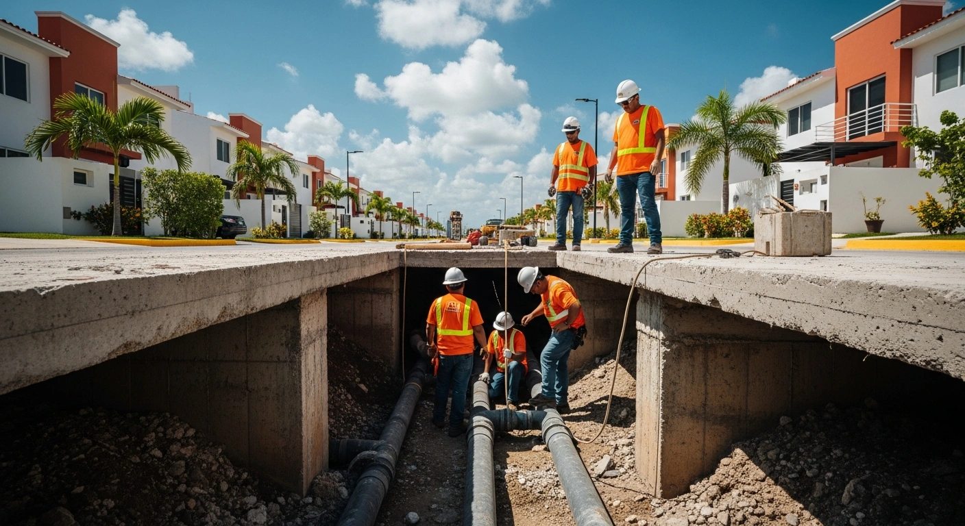 Engineers inspect drainage and water infrastructure repairs at the Urbi Villas del Rey development in Cancún following a federal court order.