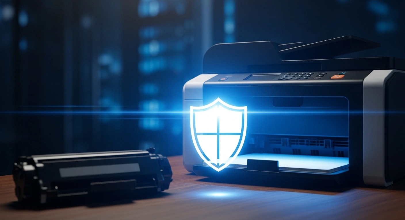 A modern laser printer sits on an office desk, representing Canon's enforcement of intellectual property rights against infringing third-party toner cartridges.