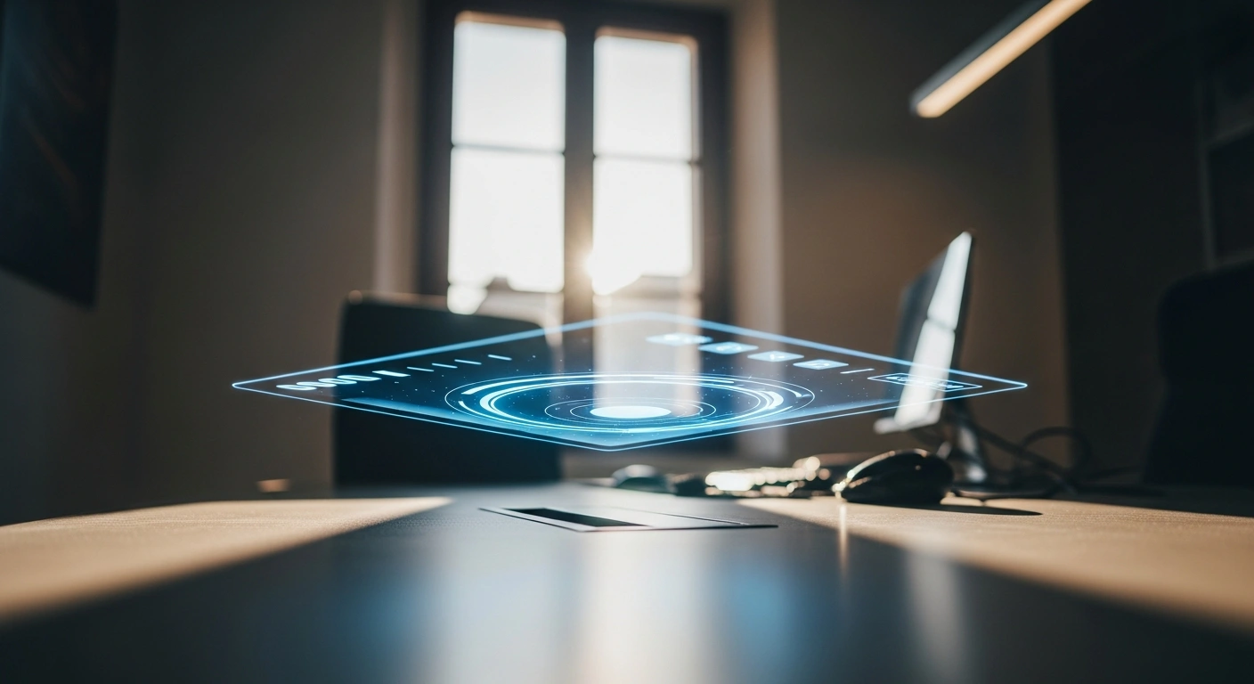 A glowing digital interface representing the Clara virtual assistant provides information to citizens on a modern desk in a government office in Cantabria, Spain.