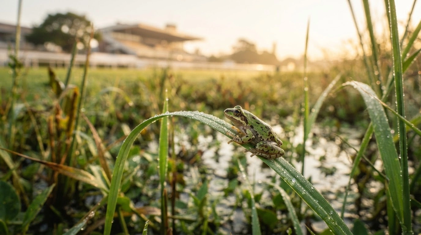 A critically endangered Cape micro frog sits on a blade of grass in the protected wetland habitat of the Kenilworth Racecourse in Cape Town.