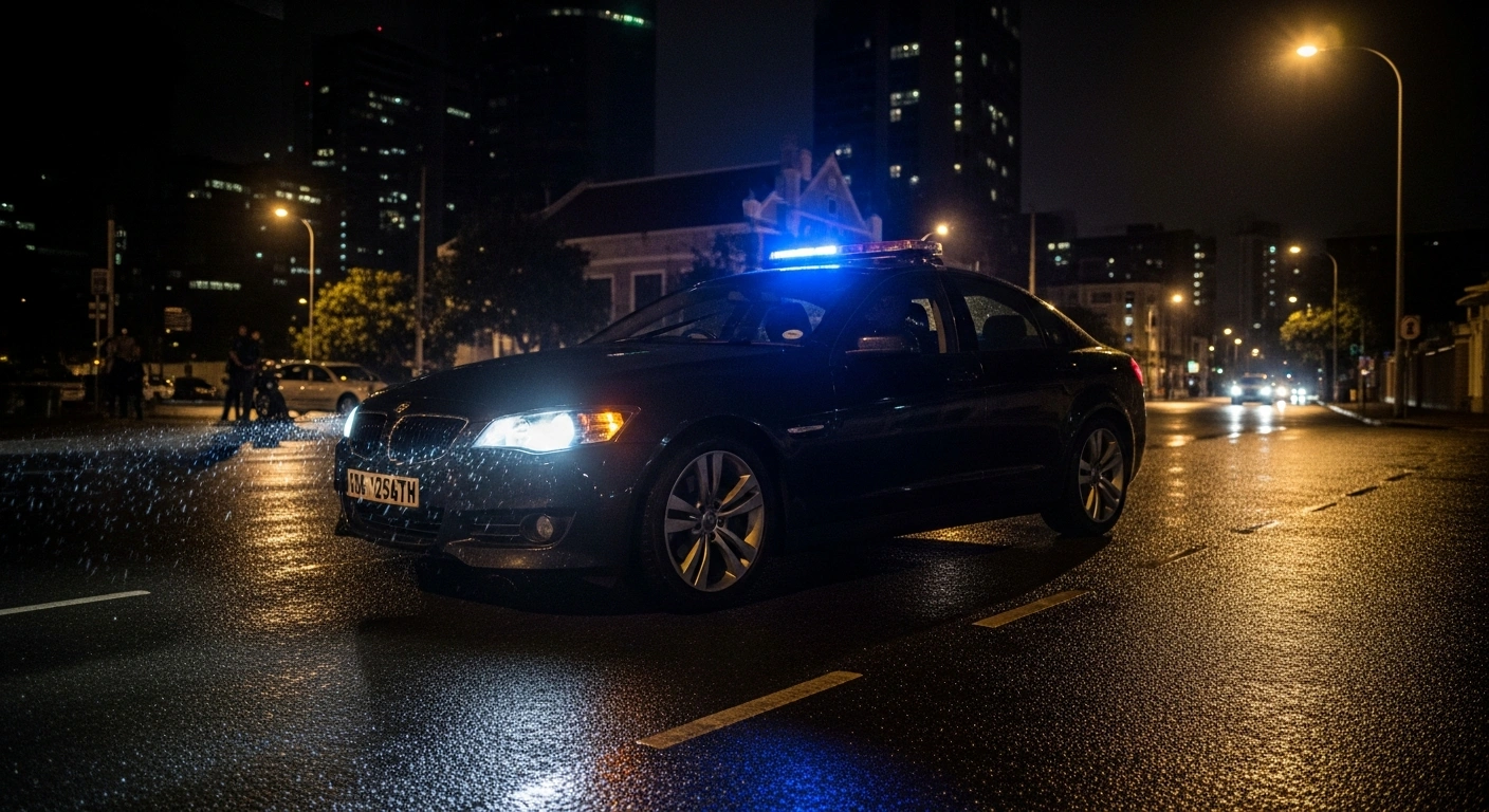 An unmarked dark sedan, representing Cape Town's 'Ghost Squad,' is depicted at night on a rain-slicked city street, its headlights cutting through the urban environment as it targets serious traffic violations and other crimes.
