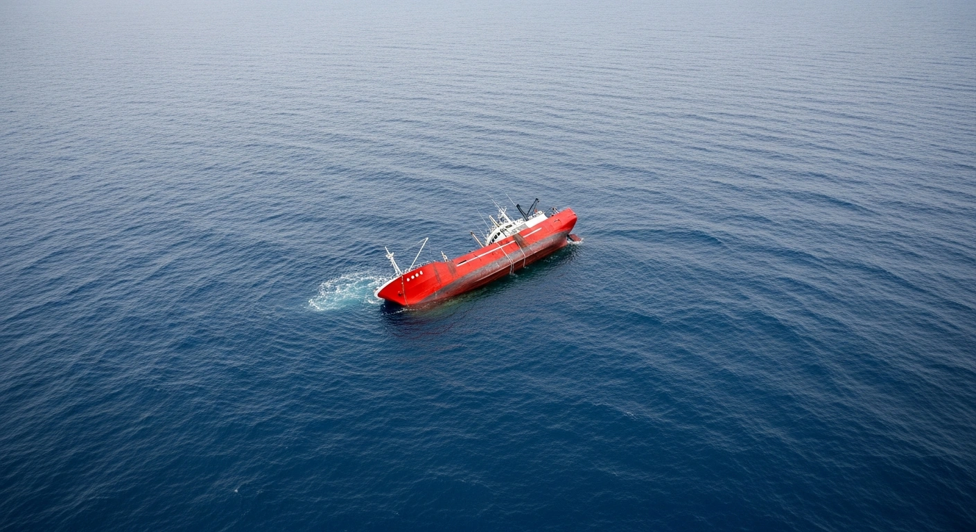 An aerial view from a Japan Coast Guard helicopter shows the overturned red hull of the fishing boat '8th Michitake Maru' floating in the vast, choppy ocean south of Miyako Island, Okinawa, during an ongoing search for its missing Japanese captain and Indonesian crew member.