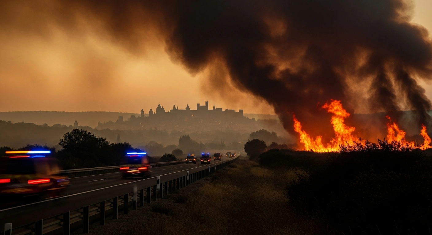 Emergency firefighters work to extinguish a wildfire caused by a burning vehicle on a highway near the city of Carcassonne in southern France.