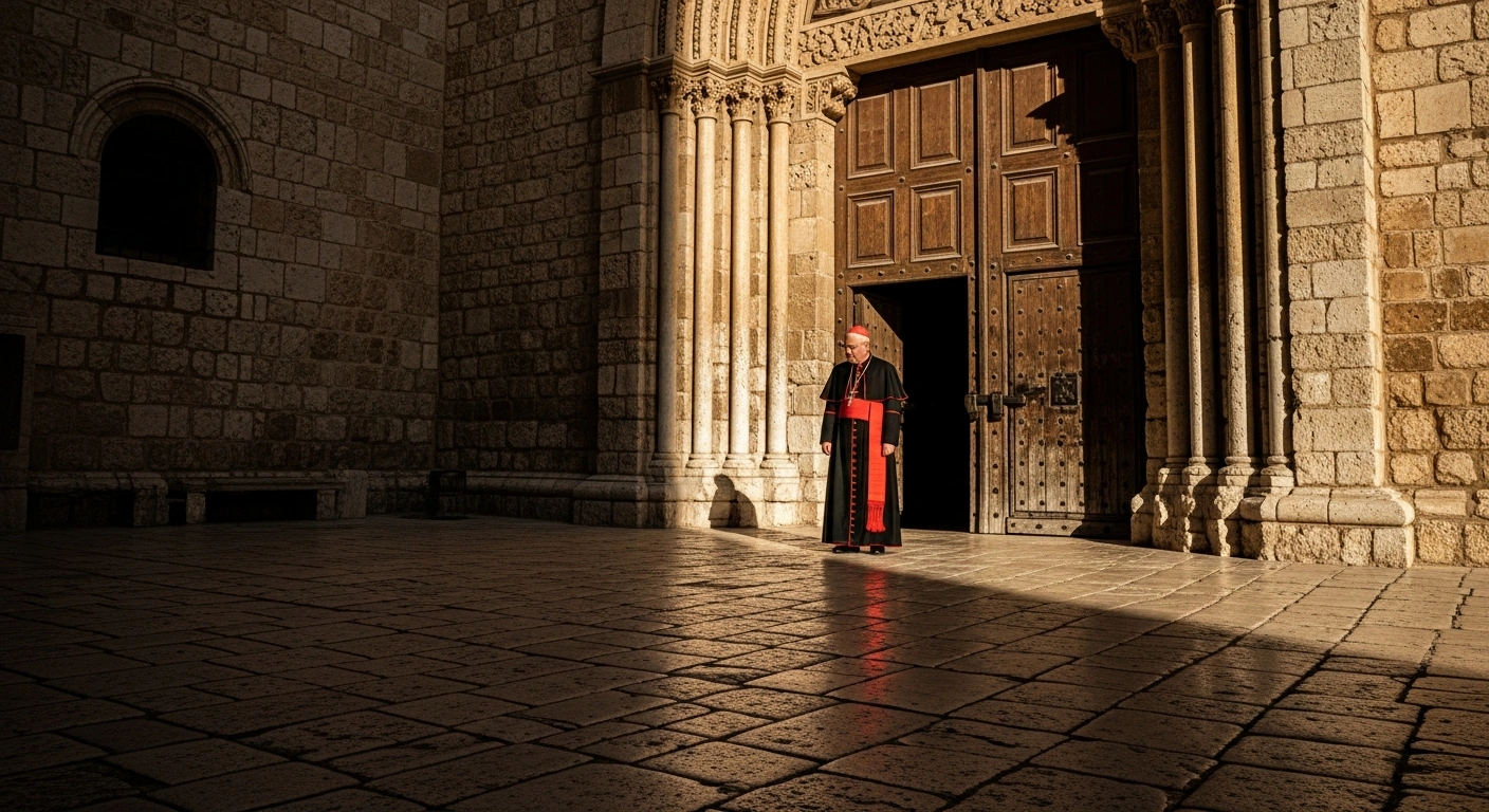 Cardinal Pierbattista Pizzaballa stands before the closed entrance of a historic church in Jerusalem, representing the diplomatic incident involving Italian officials.