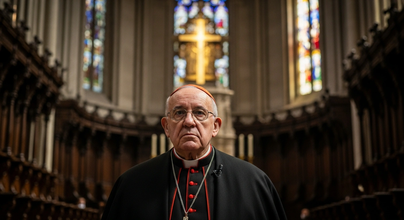 Cardinal José Francisco Robles Ortega of Guadalajara stands in a dimly lit cathedral, illuminated by a shaft of light, his expression conveying solemn determination as he calls on Mexicans to demand justice against criminals amidst high rates of violence, extortion, and impunity in Mexico.