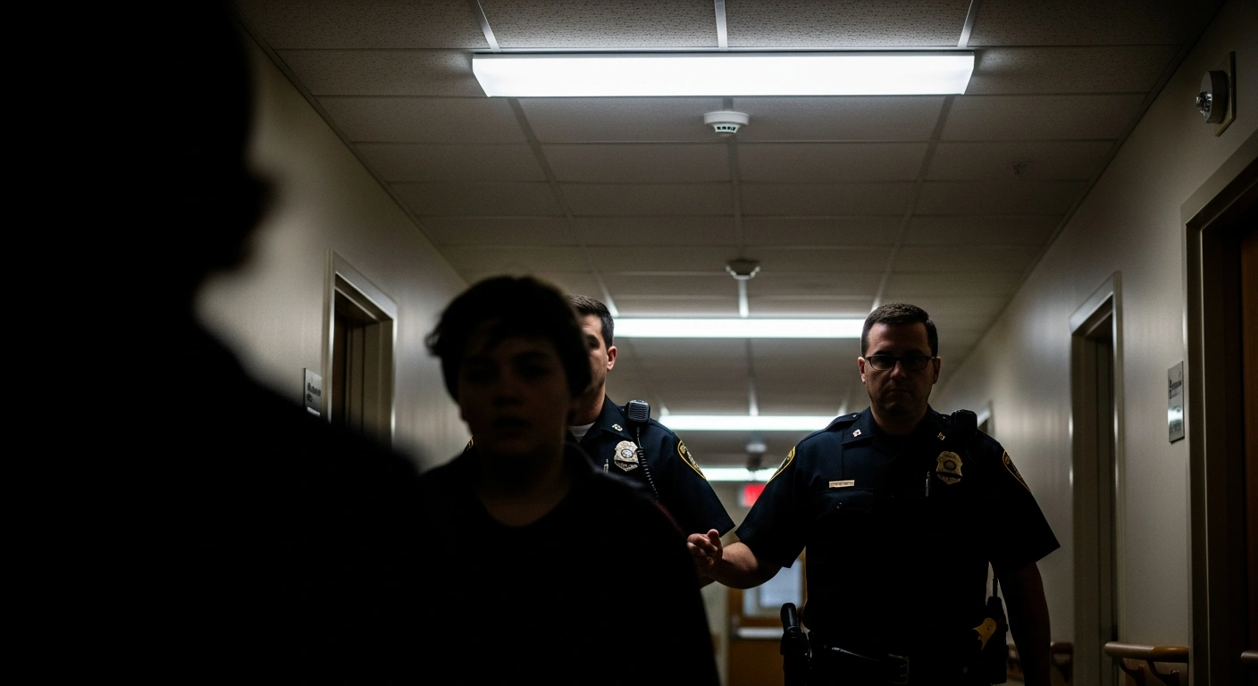 A young caregiver is escorted by two police officers down a sterile hallway in a nursing home, depicting the arrest in Chemnitz, Germany, on suspicion of killing a 91-year-old woman.