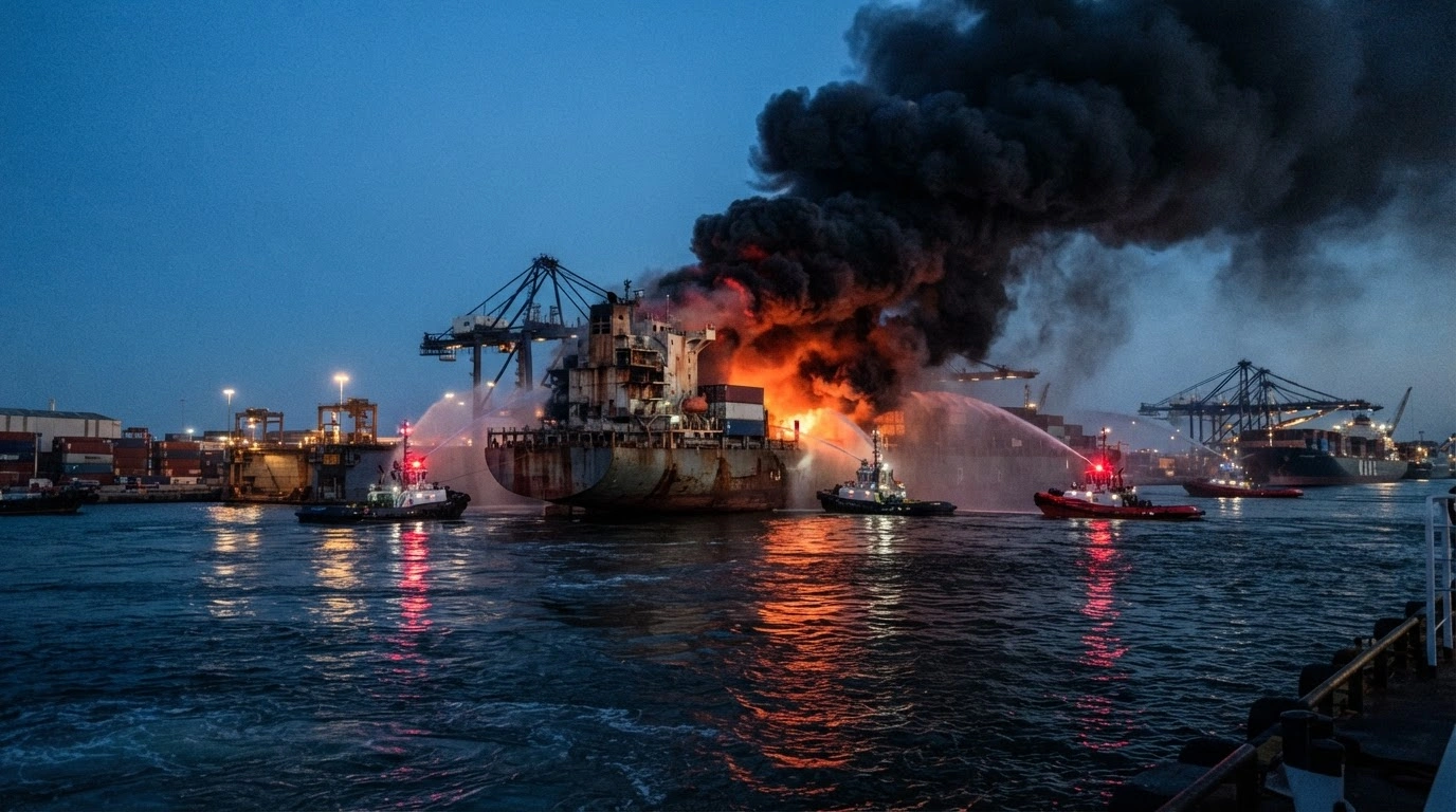 Emergency responders work to extinguish a large fire on a cargo ship docked at a shipyard in Qingdao, China.