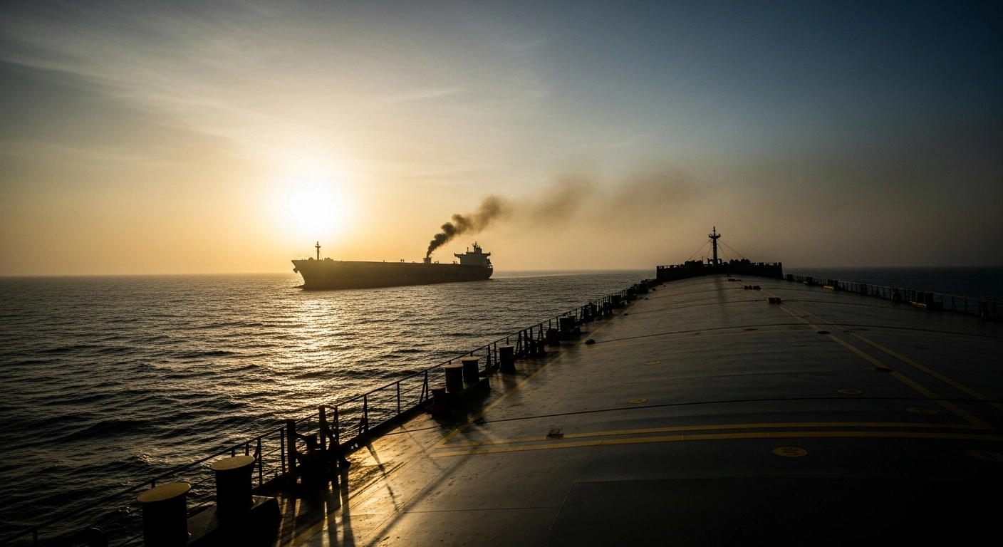 A large cargo ship drifts in the ocean off the coast of Oman after being struck by a projectile in a maritime security incident.