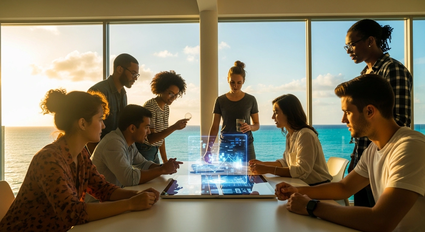 A diverse group of young Caribbean entrepreneurs is actively collaborating around an interactive display in a modern, sunlit innovation hub, representing the joint initiative by the Universities of Aruba, Curaçao, and Sint Maarten to foster entrepreneurship and innovation through the 'Kingdom Startup Program', supported by a €150,000 grant from the Representation of the Netherlands.
