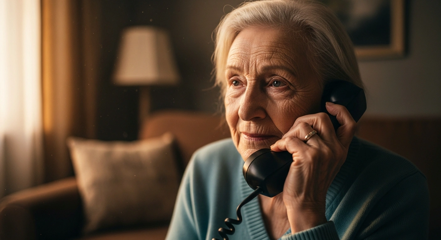 An elderly woman smiles warmly while talking on a telephone, representing the emotional support provided by the Caritas Listens hotline to seniors in Lithuania.