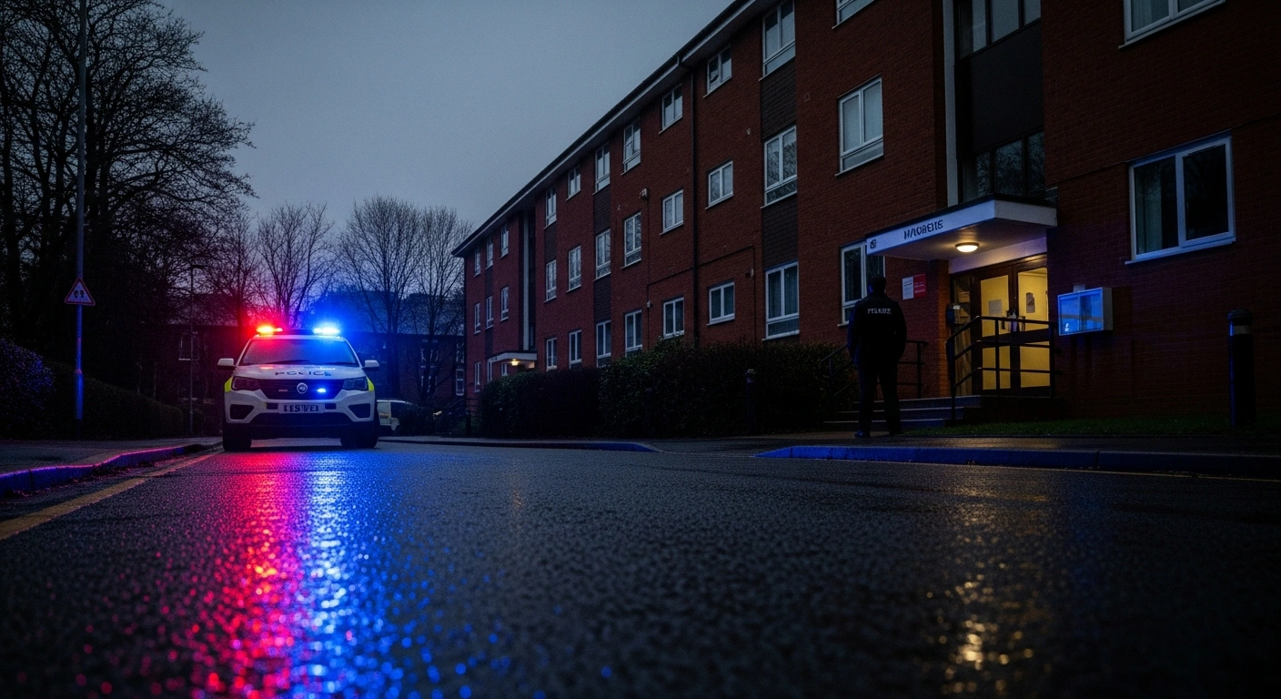 A rain-slicked street at dusk reflects the blue and red lights of a police vehicle parked outside a dark, red-brick university accommodation building, with a silhouetted figure standing near the entrance, depicting a scene related to the suspicious death of University of Lancashire student Carla Georgescu and the subsequent murder investigation.