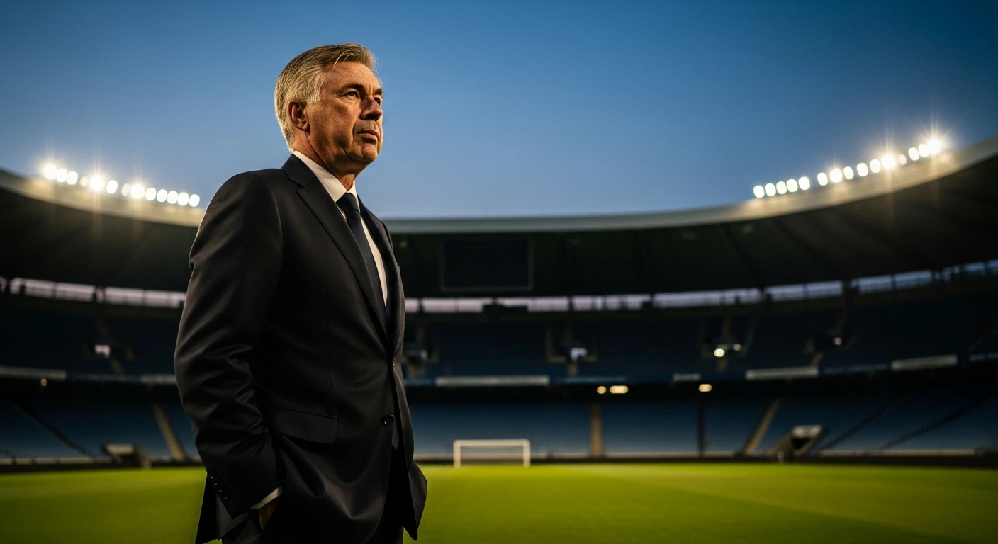 Carlo Ancelotti stands on a professional football pitch at twilight, symbolizing his long-term commitment as the head coach of the Brazil national football team.
