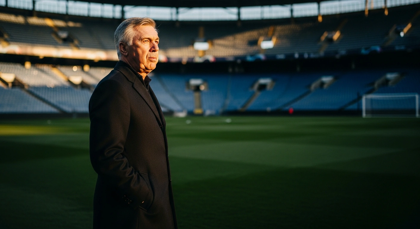 Head coach Carlo Ancelotti stands on a professional football pitch in Brazil, representing his long-term commitment to lead the national team through the 2030 FIFA World Cup.