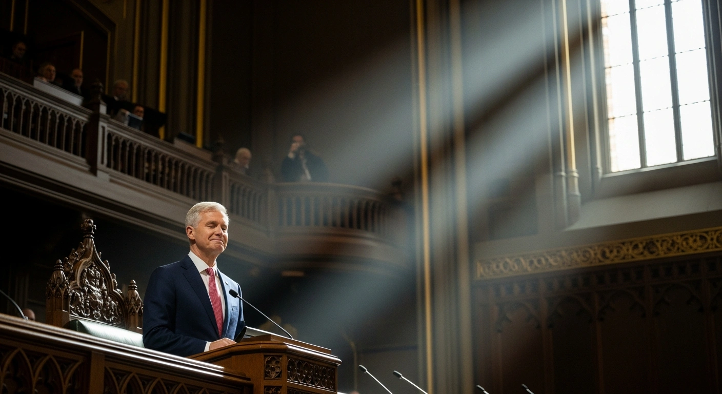 Prime Minister Mark Carney, looking relieved, stands in a grand, dimly lit parliamentary chamber after his government's 2025 federal budget narrowly passed a critical confidence vote, securing the minority Liberal government's stability.