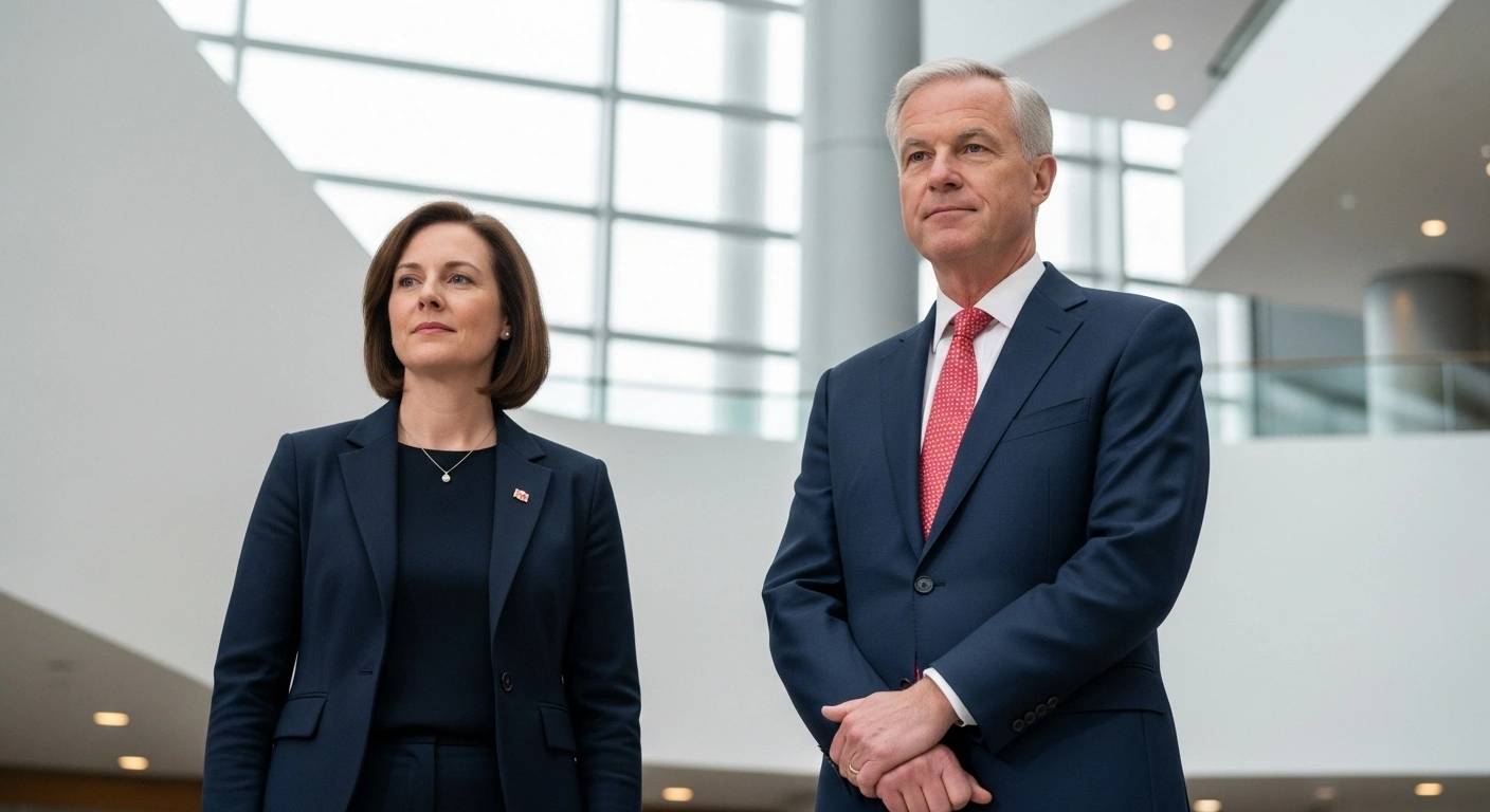Prime Minister Mark Carney and Minister of Finance François-Philippe Champagne stand confidently in a modern setting, bathed in warm, hopeful light, symbolizing new measures for Canadians including automatic tax filing, a permanent National School Food Program, and the Canada Strong Pass.