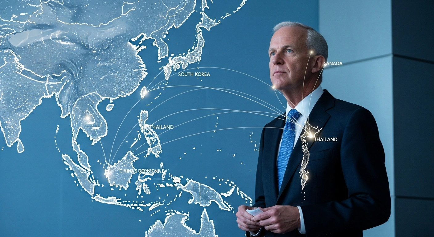Prime Minister Mark Carney is depicted standing in a modern conference room, looking at a holographic projection of the Indo-Pacific region with strategic connections highlighted, symbolizing Canada's new security and defence partnership with South Korea, free trade talks with Thailand, and renewed strategic cooperation with Chile, all part of Canada's Indo-Pacific Strategy following his attendance at the APEC Economic Leaders' Meeting.