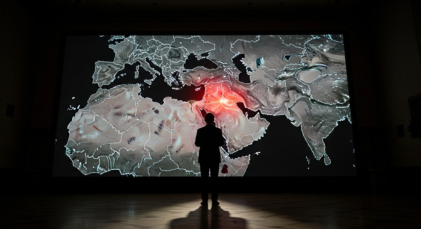 A distinguished figure, representing Canadian Prime Minister Mark Carney, stands silhouetted against a large, dimly lit geopolitical map of the Middle East with a red glow over Iran, symbolizing concerns about international law, de-escalation, and nuclear proliferation.