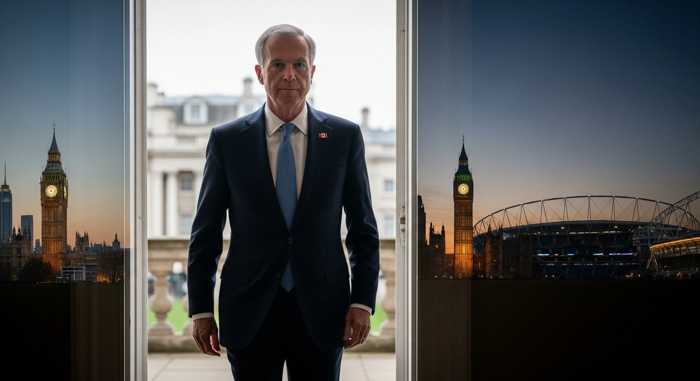 A photorealistic image shows Prime Minister Mark Carney, wearing a suit with a Canadian flag pin, walking purposefully from a grand London building. In the background, iconic London landmarks and the distant glow of a rugby stadium are visible, representing his recent diplomatic meetings with four prime ministers, discussions on reducing Canada's economic reliance on the U.S., and attendance at the Women's Rugby World Cup final during his visit to London to strengthen global ties and attract international investment.