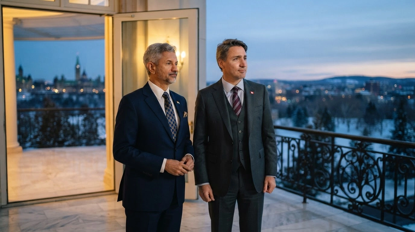 Canadian Prime Minister Mark Carney and Indian Prime Minister Narendra Modi stand together on a balcony to discuss bilateral relations and economic cooperation.