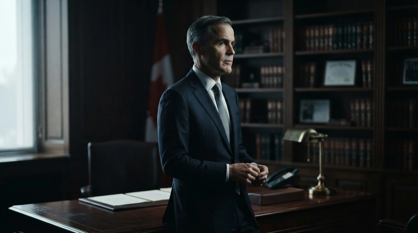 Canadian Prime Minister Mark Carney stands in his office while addressing diplomatic concerns regarding foreign interference and Canada-U.S. relations.