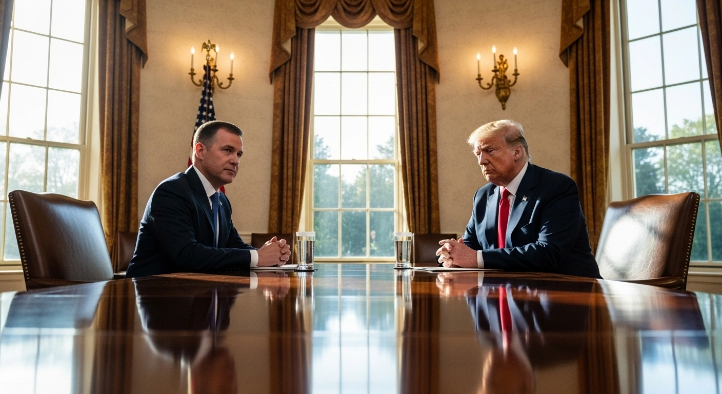 Canadian Prime Minister Mark Carney and U.S. President Donald Trump are seated across a table in a White House room, engaged in discussions about trade relations, tariffs, and the United States-Mexico-Canada Agreement amidst bilateral tensions.