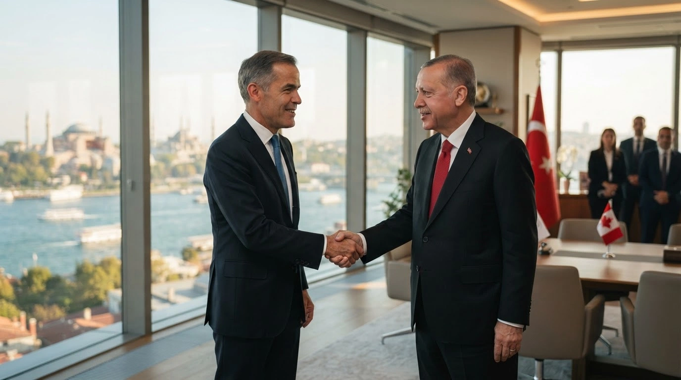 Canadian Prime Minister Mark Carney shakes hands with a Turkish official during a diplomatic meeting to discuss trade and defense cooperation.