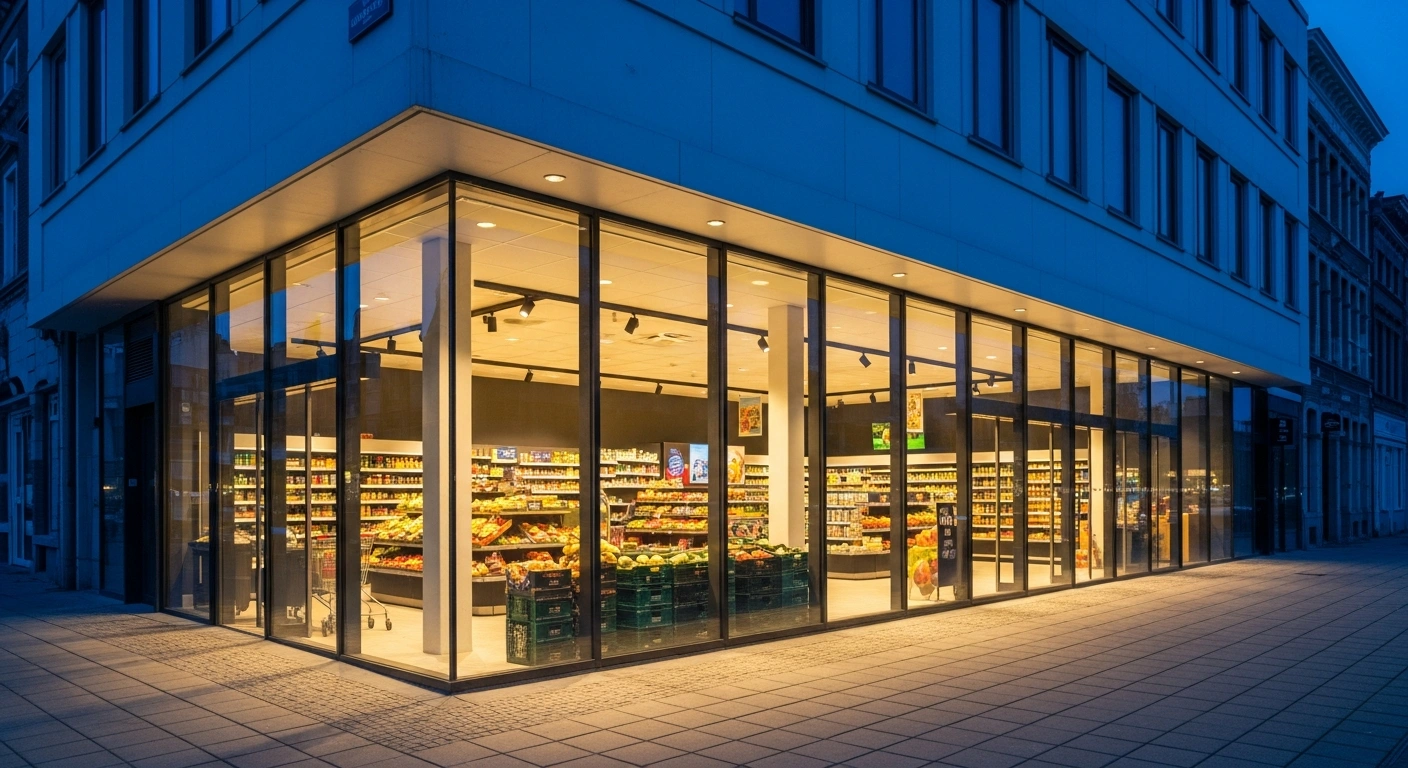 The exterior of a modern Carrefour Express 4.0 store in Woluwe-Saint-Lambert glows with warm interior lighting during a twilight evening in Brussels.