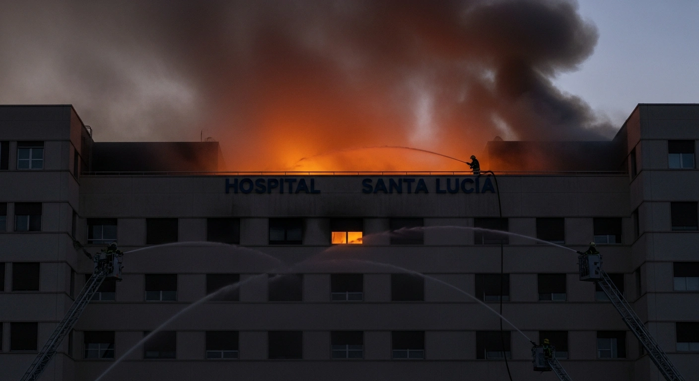 A wide-angle view of Santa Lucía Hospital in Cartagena, Spain, with dark smoke billowing from an upper terrace as firefighters on ladders battle the blaze, indicating a partial evacuation.