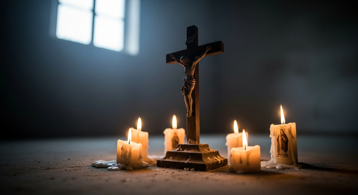A close-up shot of a rustic wooden crucifix surrounded by several melted saint candles, casting soft, flickering light in a dimly lit, dusty room, suggesting a hidden shrine in a cartel leader's hideout.