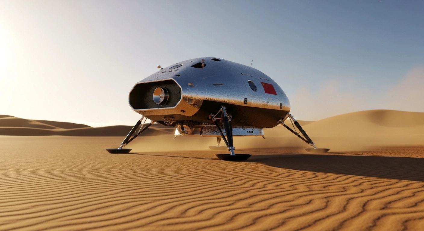 The CAS Space Lihong-1 Y1 recoverable spacecraft rests on vast desert sands under a golden sunset, having successfully completed a suborbital test flight from the Jiuquan Satellite Launch Center, demonstrating re-entry and precision landing technologies while carrying rose seeds and manufacturing equipment.
