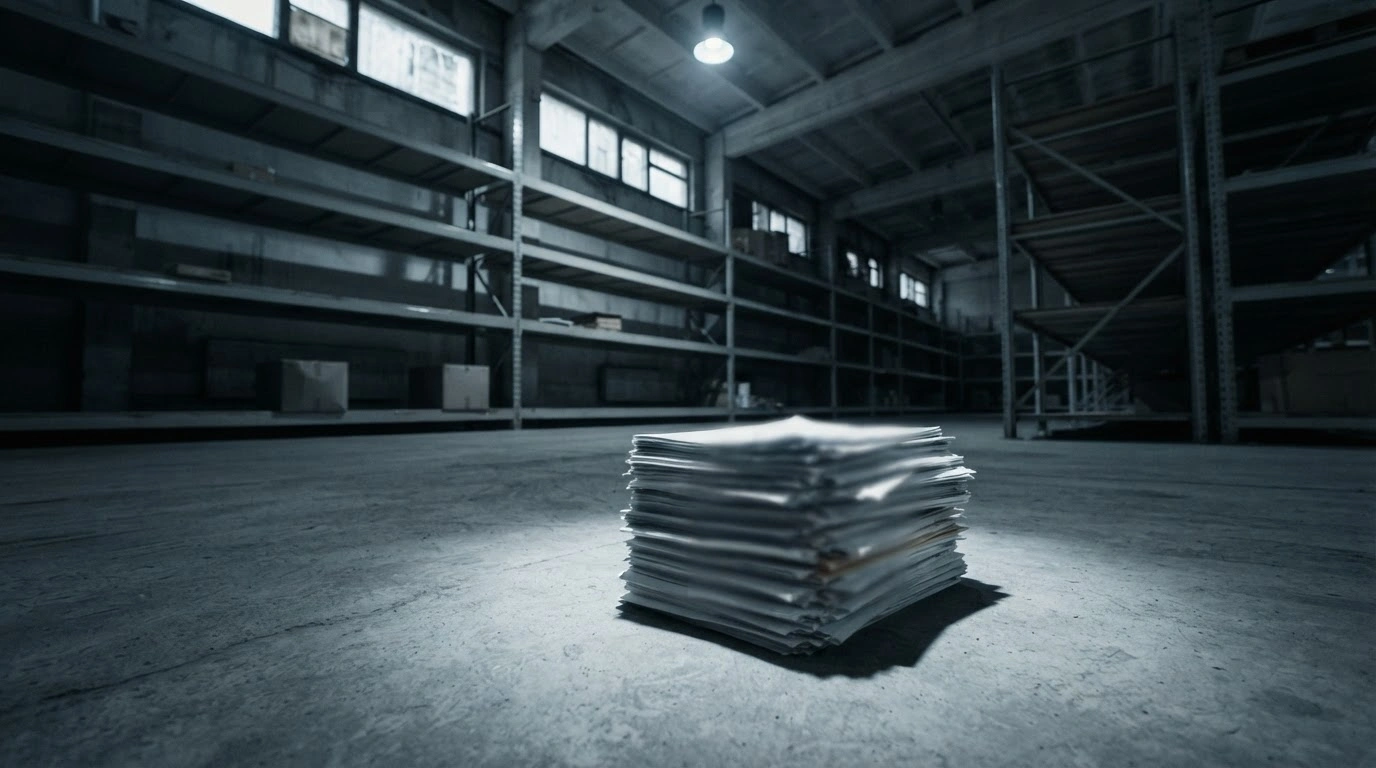 A dimly lit warehouse interior represents the financial restructuring and debt crisis faced by the Brazilian retailer Casas Bahia.