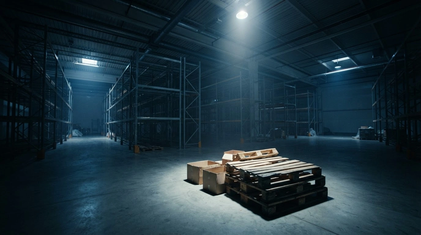 A dimly lit and empty warehouse interior represents the financial restructuring and debt crisis faced by the Brazilian retailer Casas Bahia.