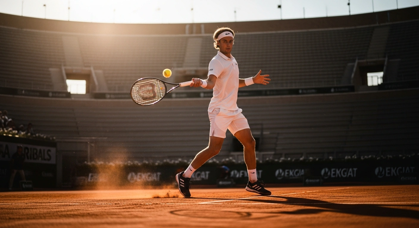 Norwegian tennis player Casper Ruud hits a powerful forehand on the red clay court during the Italian Open at the Foro Italico in Rome.