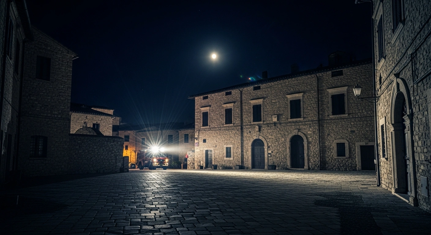 Emergency vehicles with flashing lights patrol the historic streets of Cassino, Italy, following a magnitude 4.3 earthquake.