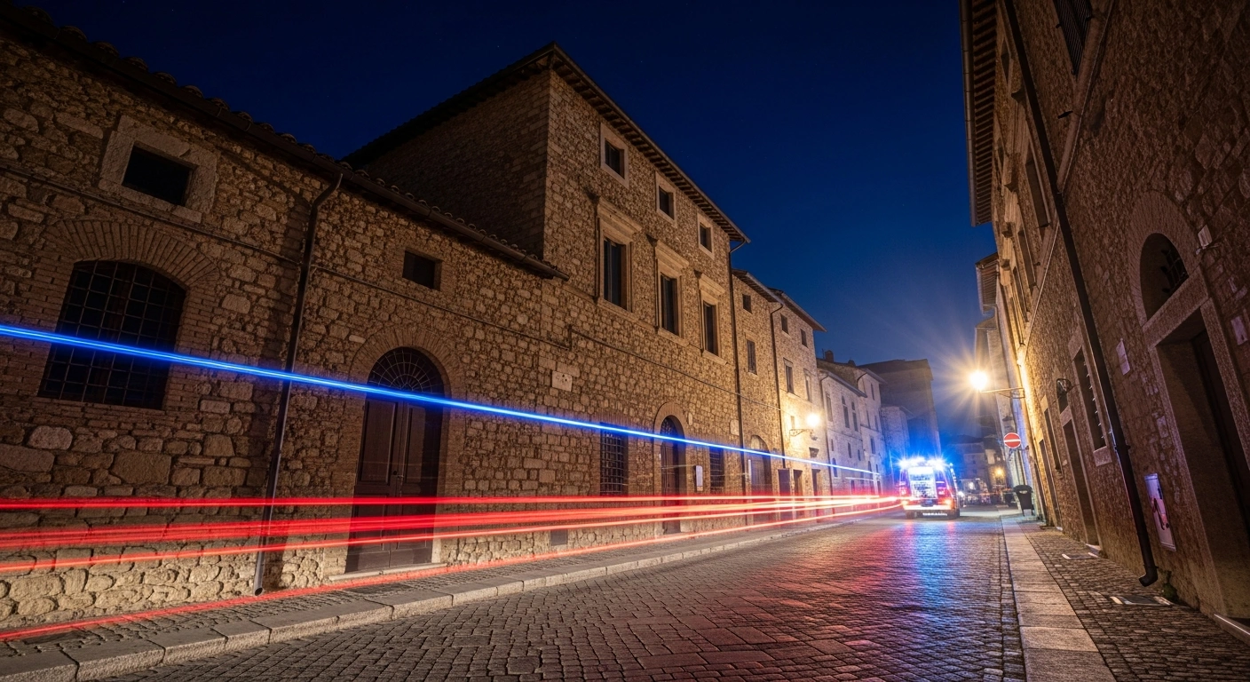 Emergency vehicles with flashing lights patrol the streets of Cassino, Italy, following a magnitude 4.3 earthquake in the Frosinone province.