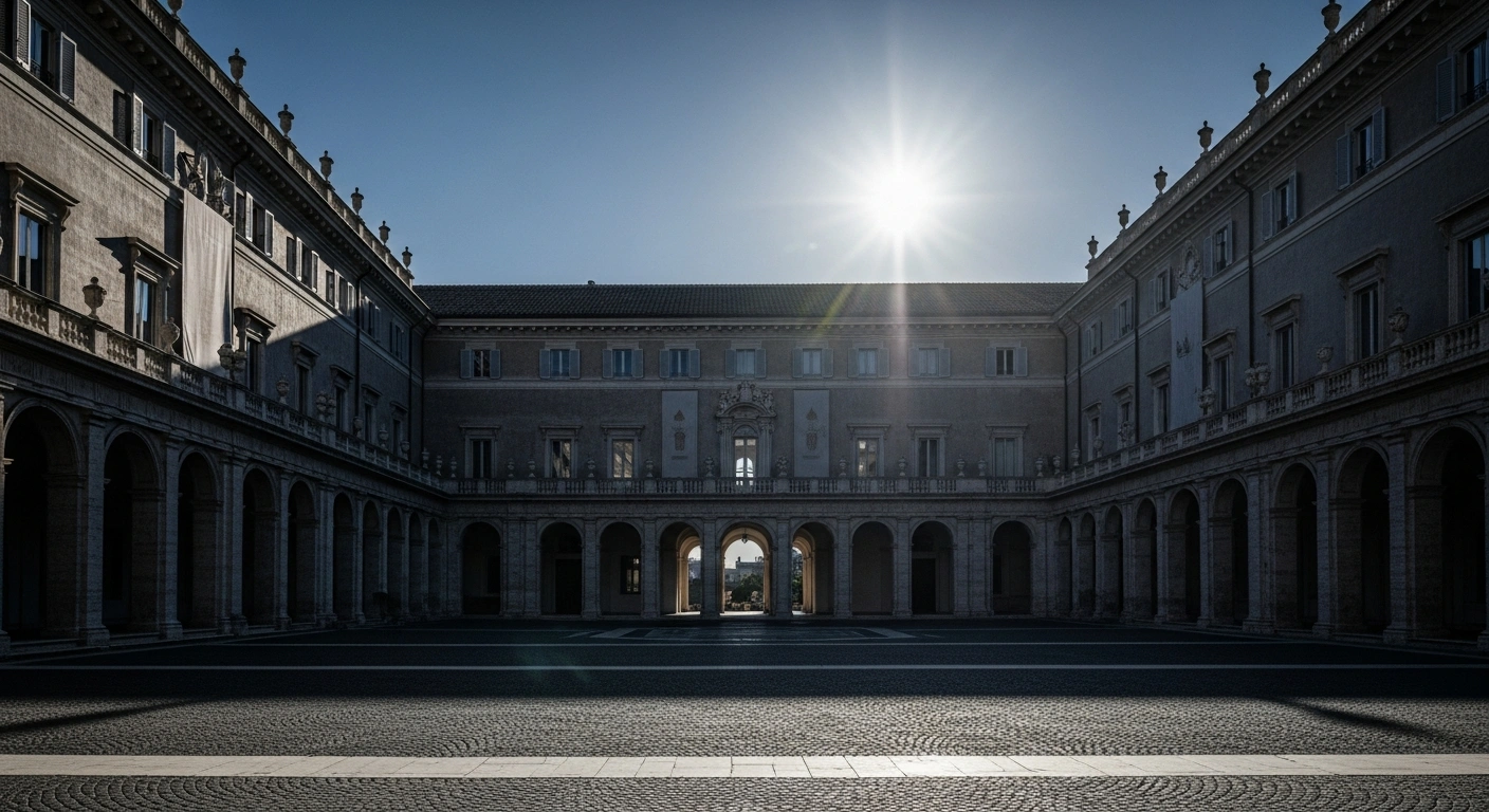 The empty courtyard of Castel Gandolfo is shown at dusk, illustrating the lack of evidence for a reported gathering involving a non-existent Pope Leo XIV and Andrea Bocelli.