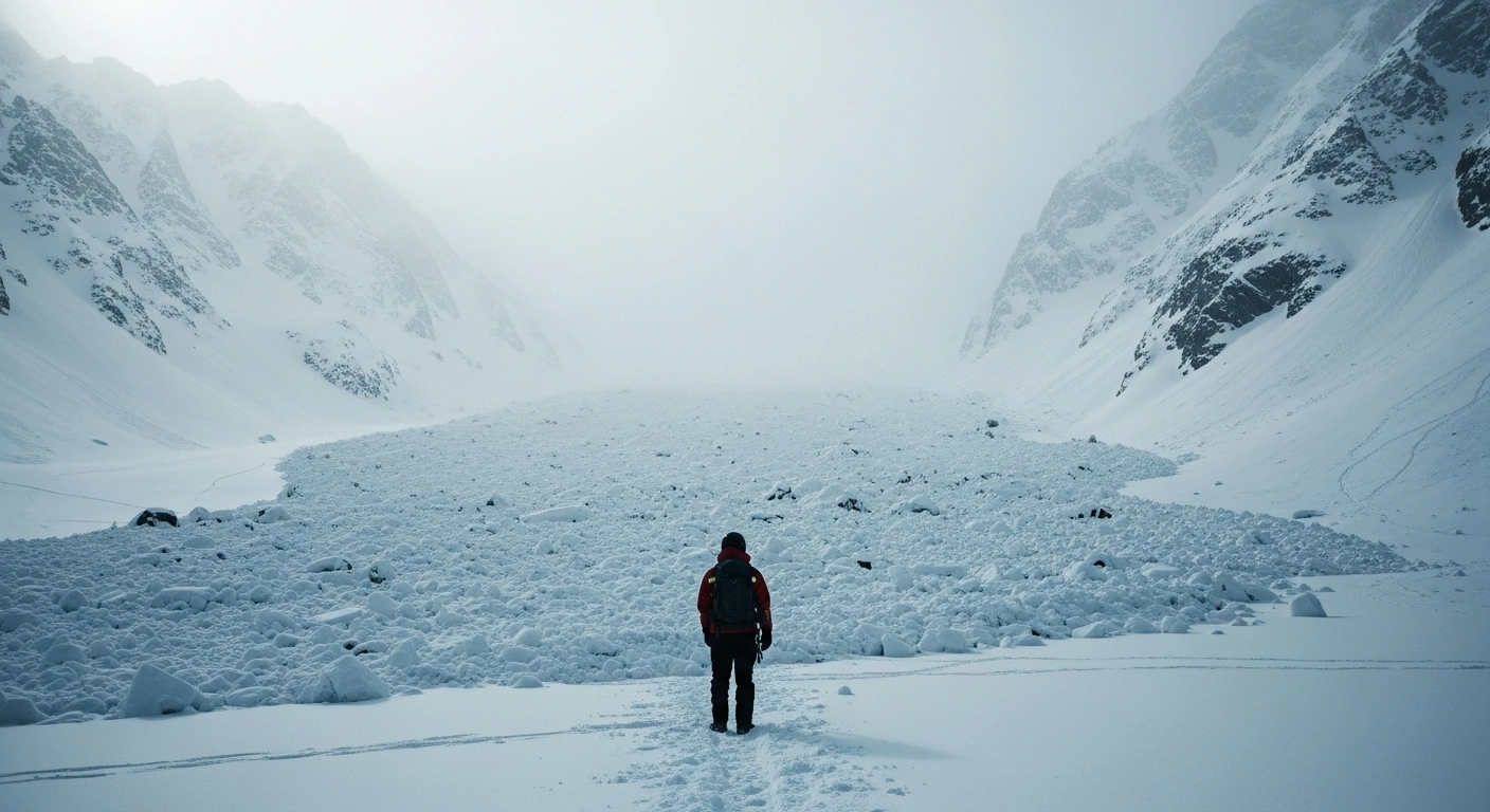 A wide, desolate, snow-covered mountain scene near Castle Peak, north of Lake Tahoe, California, depicts the aftermath of a devastating avalanche, with a lone rescue worker surveying the vast debris field where nine backcountry skiers perished.