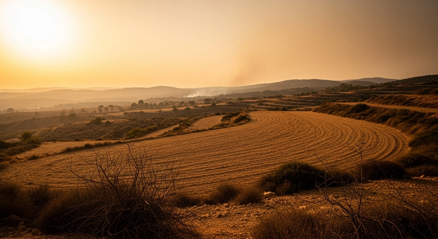 A scorched, dry landscape in Catalonia under an intense summer heatwave with a distant plume of smoke indicating a high fire risk.