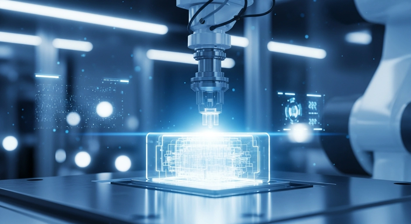 A robotic arm integrates artificial intelligence into the manufacturing process of a high-tech battery cell for electric vehicles.
