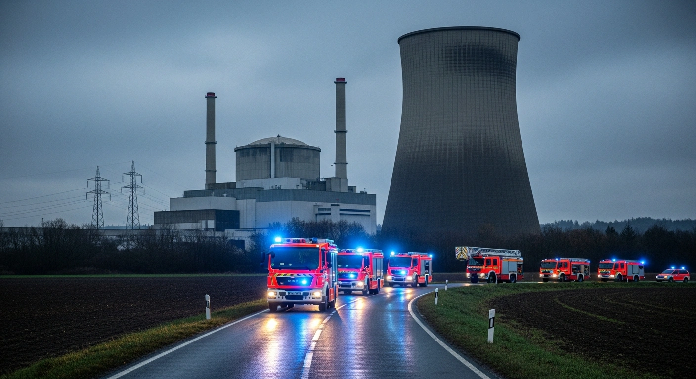 Emergency response vehicles from Luxembourg, France, and Germany participate in a cross-border safety exercise at the Cattenom Nuclear Power Plant.