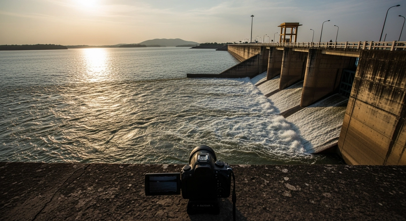 A wide view of a large dam in the Cauvery basin releasing water as part of the Cauvery Water Regulation Committee mandate for Karnataka to share resources with Tamil Nadu.